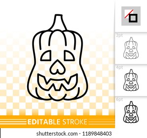 Halloween party pumpkin with carving face thin line icon. Jack O Lantern vector linear symbol with different stroke width. Editable stroke simple halloween sign without fill on transparent background