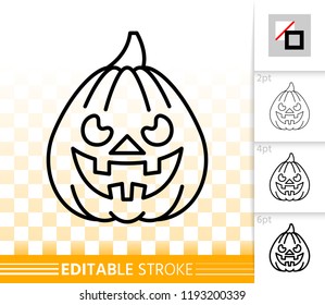 Halloween party pumpkin with carving face thin line icon. Jack O Lantern vector linear symbol with different stroke width. Editable stroke simple halloween sign without fill on transparent background