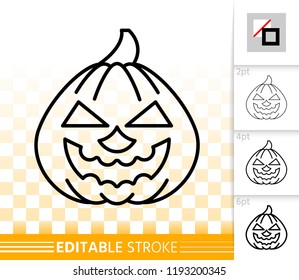 Halloween party pumpkin with carving face thin line icon. Jack O Lantern vector linear symbol with different stroke width. Editable stroke simple halloween sign without fill on transparent background