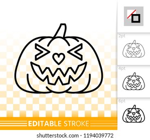 Halloween party pumpkin with carving face thin line icon. Jack O Lantern vector linear symbol with different stroke width. Editable stroke simple halloween sign without fill on transparent background