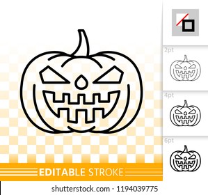 Halloween party pumpkin with carving face thin line icon. Jack O Lantern vector linear symbol with different stroke width. Editable stroke simple halloween sign without fill on transparent background