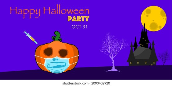 Halloween party. Pumpkin devil vaccination banner illustration. Covid-19.