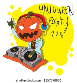Halloween Party With The Pumpkin Head Dj Playing Turntables And Put A Hand Up In The Air 