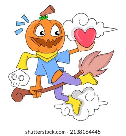 halloween party pumpkin headed witch is flying with love heart, vector illustration art. doodle icon image kawaii.