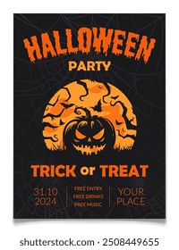 Halloween Party Pumpkin Poster Template Design. Spooky Halloween party flyer with jack-o-lantern, bats and scary tree silhouettes. Scary carved pumpkin. Orange on black design. Vector illustration.