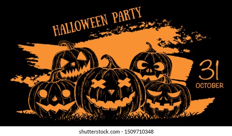 Halloween PARTY. Pumpkin set. Hand drawn illustration.
