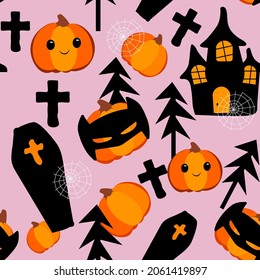 
Halloween party. pumpkin, spider web, crosses, coffins seamless patterns on a cute background. Vector illustration. Great for Halloween home decor projects. Surface design.