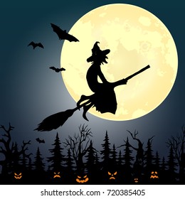 Halloween party. Pumpkin,  trees, bats and full moon. Halloween poster. Vector illustration.