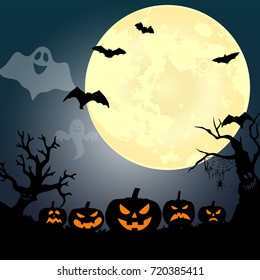 Halloween party. Pumpkin,  trees, bats and full moon. Halloween poster. Vector illustration.