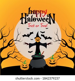 halloween party, pumpkin, witch and bats