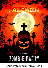Halloween Party with pumpkins Bats Spider on Grunge Cemetery / Zombie Party with Halloween.