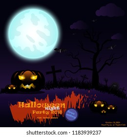 Halloween party pumpkins with blue moon on night background,vector horror card