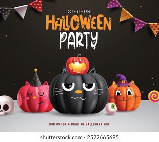 Halloween party pumpkins vector design. Halloween invitation card with cat pumpkins cute characters with pennants decoration elements in black background. Vector illustration spooky night party design