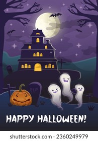 Halloween party purple banner with night moon, castle and three ghosts. Stock vector illustration isolated in cartoon style.