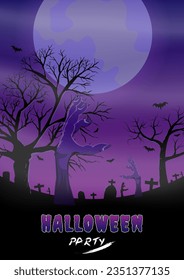 Halloween party purple twilight carnival Background with moon bats in the sky Ground below with tombstones, hands, tree and cemetery with fog above, design for posters, cards, decorations.
