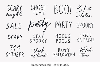 Conjunto de citas de fiesta de Halloween. Frases dibujadas a mano sobre Halloween. Truco o trato, noche de miedo, tiempo de bruja, Hocus Pocus, Boo etc. Perfecto para tarjetas, invitación, póster, Anuncio, etc. Ilustración vectorial