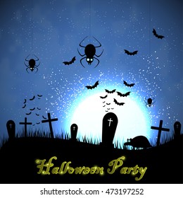 Halloween party with rat. Invitation card to Halloween vector background. The inhabitants of the cemetery on the background of the moon. Blue dark night