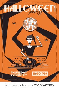 Halloween Party Retro Flyer, Poster. Halloween night club invitation with skeleton DJ, skull. 60s-70s vector illustration design.