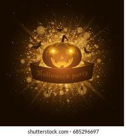 Halloween party. Ribbon banner. Abstract bright flash of light with golden lights. Yellow cartoon angry pumpkin. Silhouettes of spiders and bats. Invitation card for the holiday. Vector illustration