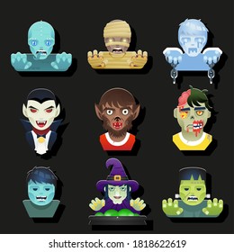 Halloween party role characters avatar bust icons flat design greeting template card vector illustration