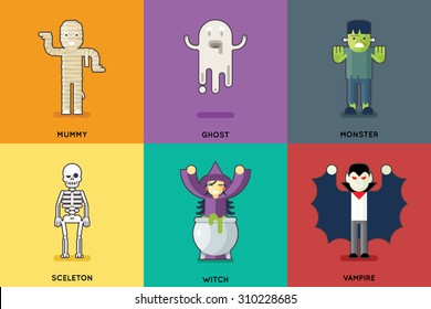 Halloween Party Roles Characters Icons Set Stylish Background Flat Design Greeting Card Vector Illustration