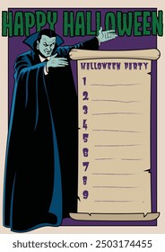 Reglas de fiesta de Halloween, ilustración de calendario. Vampiro clásico con el antiguo pergamino. Plantilla de Vector para la fiesta de Halloween, evento