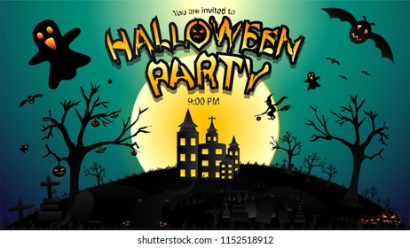 Halloween Party with the scary background, haunted castle, full moon, flying witch, ghosts, bats, lantern of pumpkins, graveyard, tree, grass and sky. Vector illustration template.
