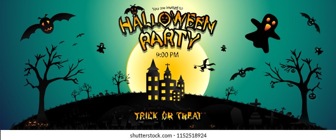 Halloween Party with the scary background, haunted castle, full moon, flying witch, ghosts, bats, lantern of pumpkins, graveyard, tree, grass and sky. Vector illustration template.