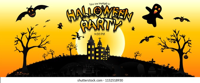 Halloween Party with the scary background, haunted castle, full moon, flying witch, ghosts, bats, lantern of pumpkins, graveyard, tree, grass and sky. Vector illustration template.