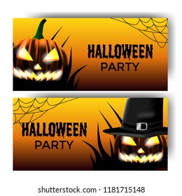 Halloween party with scary jack lantern pumpkin for label poster banner invitation template.