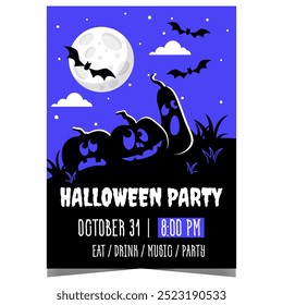 Halloween party scary poster with creepy pumpkins and flying bats against a full moon in the midnight darkness. Ready for web or to print vector banner or invitation to celebrate the All Saints' Day.