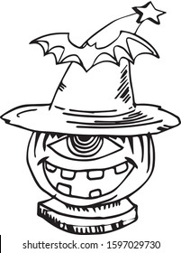Halloween Party with scary pumpkin and witch hat