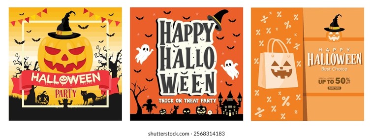 Halloween party with scary and smiling pumpkins. Old house, ghosts, flying cats and bats. Sales promotion during Halloween party. Halloween Party Concept. Set flat vector illustration.