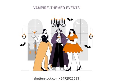 Halloween party scene with elegant vampires socializing amid Gothic architecture and flying bats. Stylish costume celebration. Vector illustration.