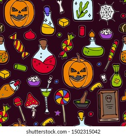 Halloween party seamless. Color vector magic pattern. Hand drawn background for celebration. 