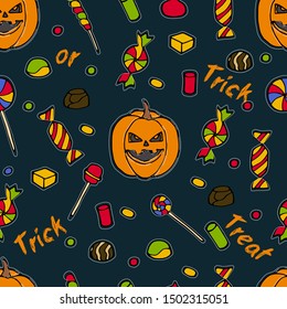 Halloween party seamless. Color vector lollipops pattern. Hand drawn background for celebration. 