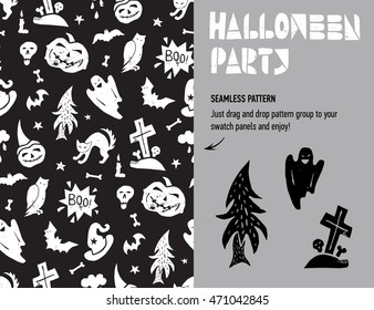 Halloween Party Seamless Pattern with characters: pumpkin, ghost, cemetery, black cat, zombie, bat and owl. Grunge textured hand drawn cutout elements.