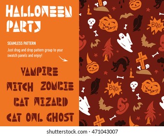 Halloween Party Seamless Pattern with characters: pumpkin, ghost, cemetery, black cat, zombie, bat and owl. Grunge textured hand drawn cutout elements.