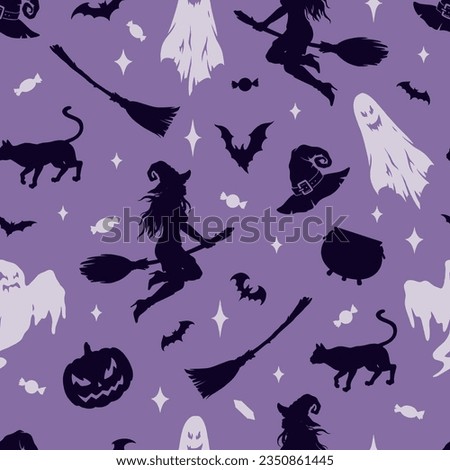 Halloween party seamless pattern colorful with flying witches and scary ghosts for decorations creating ominous atmosphere vector illustration