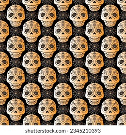 Halloween party seamless pattern design with ornamental golden skull and spider web on black background, vector