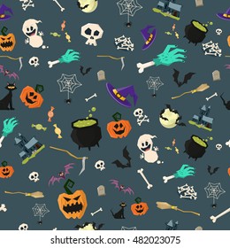 Halloween party seamless pattern design. All hallow eve repetitive print. All saints holiday repeating background for wrapping paper, apparel, poster, etc. Cartoon vector illustration.