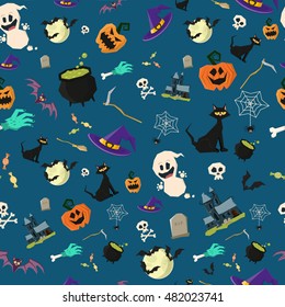 Halloween party seamless pattern design. All hallow eve repetitive print. All saints holiday repeating background for wrapping paper, apparel, poster, etc. Cartoon vector illustration.
