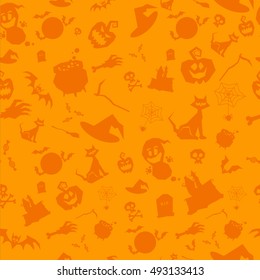 Halloween party seamless pattern design. All hallow eve repetitive print. All saints holiday repeating background for wrapping paper, apparel, poster, etc. Cartoon vector illustration.