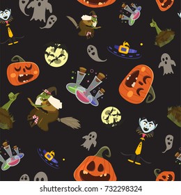 Halloween party seamless pattern design. All hallow eve repetitive print. All saints holiday repeating background for wrapping paper, apparel, poster, etc. Cartoon vector illustration.