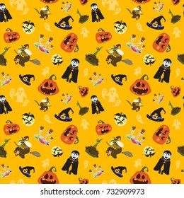 Halloween party seamless pattern design. All hallow eve repetitive print. All saints holiday repeating background for wrapping paper, apparel, poster, etc. Cartoon vector illustration.