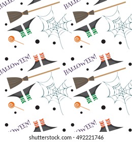 Halloween party seamless pattern. Endless texture for wallpaper, web page background, wrapping paper, textile printing. Traditional cartoon festive symbols of wizard: witch boots and broom, spider web