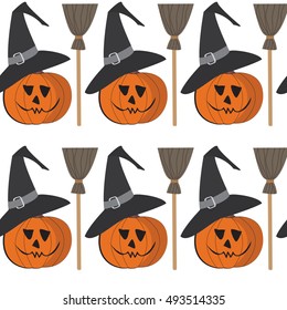 Halloween party seamless pattern. Endless texture for wallpaper, web page background, wrapping paper, textile printing. Traditional cartoon festive symbols: spooky pumpkin, witch broom and hat