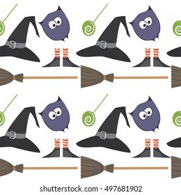 Halloween party seamless pattern. Endless texture for wallpaper, web page background, wrapping paper, textile printing. Traditional cartoon festive symbols: witch hat and broom, owl, sweets