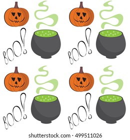 Halloween party seamless pattern. Endless texture for wallpaper, web page background, wrapping paper, textile printing. Traditional festive symbols: spooky pumpkin, cauldron with poison, lettering