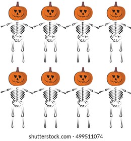 Halloween party seamless pattern. Endless texture for wallpaper, web page background, wrapping paper, textile printing. Traditional festive symbols: spooky pumpkin and skeletons. Celebration mock up